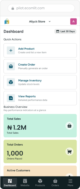 Ecomlit merchant dashboard showing sales, orders, customers, inventory and reports