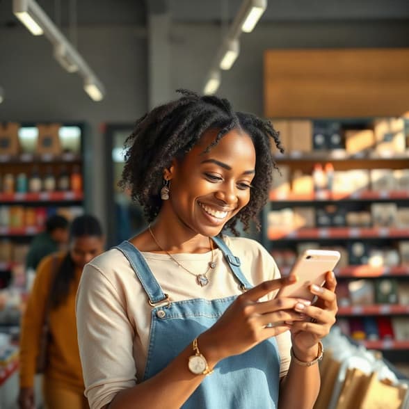 Shop owner smiling while managing her business on her phone